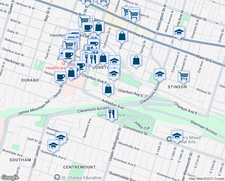 map of restaurants, bars, coffee shops, grocery stores, and more near 19 Foster Street in Hamilton