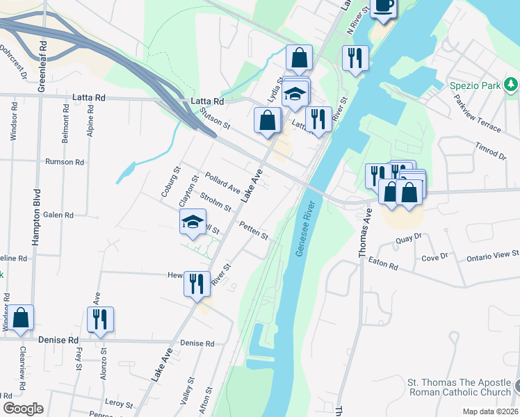 map of restaurants, bars, coffee shops, grocery stores, and more near 229 River Street in Rochester
