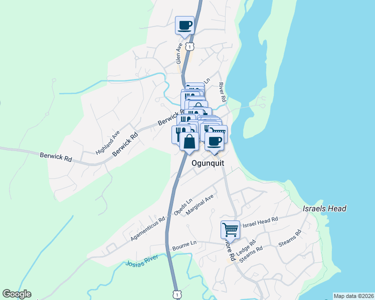 map of restaurants, bars, coffee shops, grocery stores, and more near 124 Main Street in Ogunquit