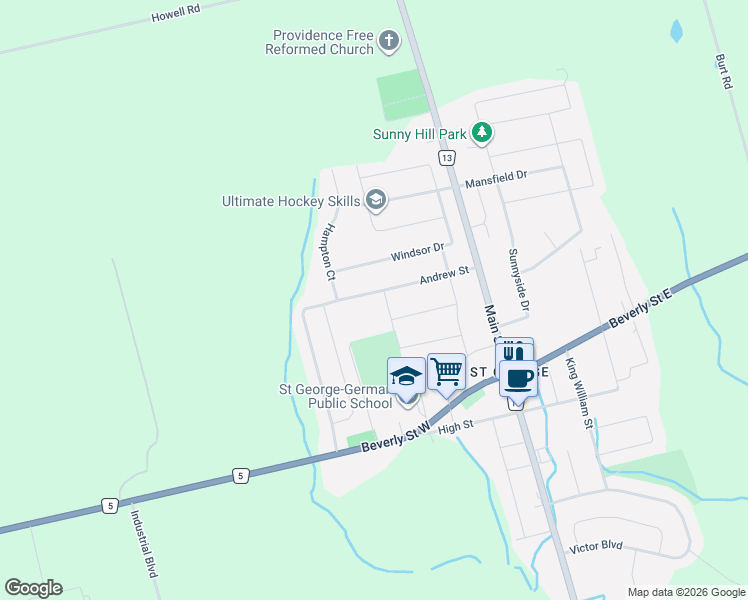 map of restaurants, bars, coffee shops, grocery stores, and more near 30 Andrew Street in Brant