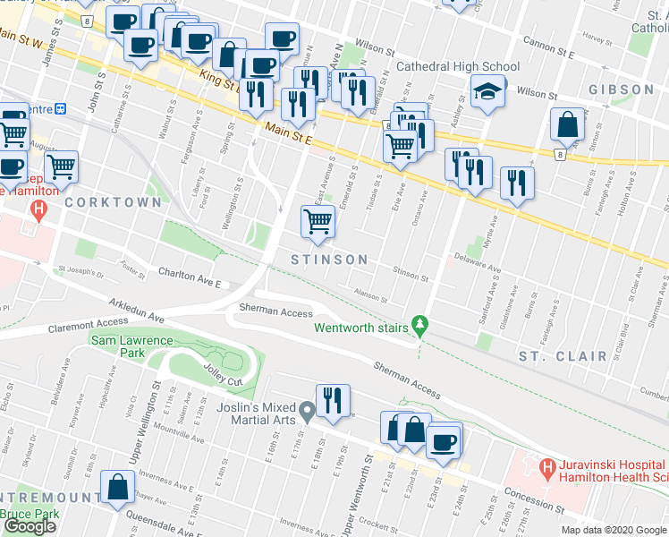 map of restaurants, bars, coffee shops, grocery stores, and more near 171 Emerald Street South in Hamilton