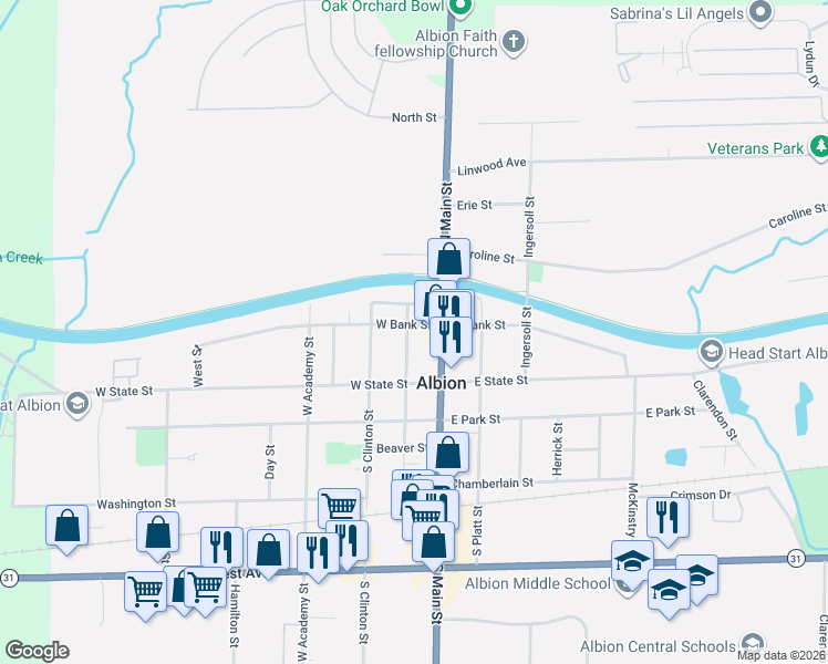 map of restaurants, bars, coffee shops, grocery stores, and more near 103 West Bank Street in Albion