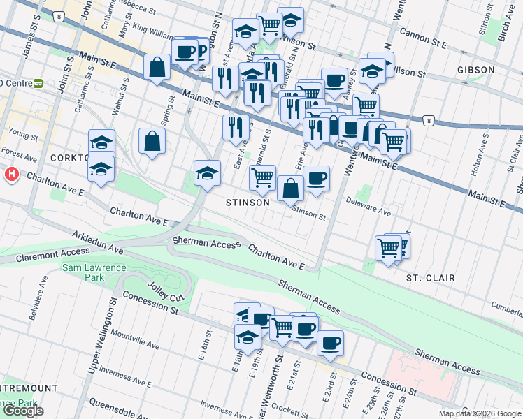 map of restaurants, bars, coffee shops, grocery stores, and more near 14 Blythe Street in Hamilton