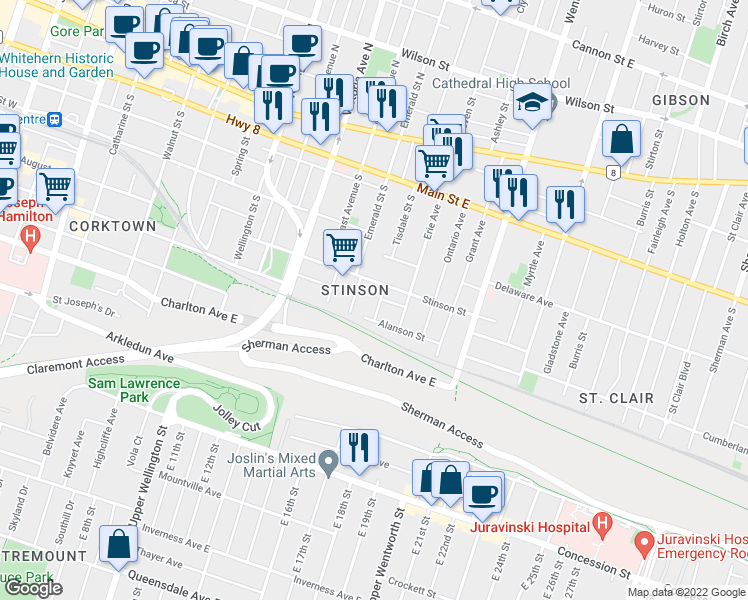 map of restaurants, bars, coffee shops, grocery stores, and more near 14 Blythe Street in Hamilton