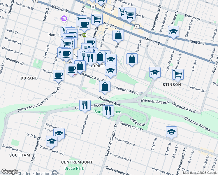 map of restaurants, bars, coffee shops, grocery stores, and more near 17 Foster Street in Hamilton