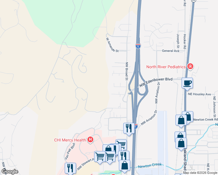 map of restaurants, bars, coffee shops, grocery stores, and more near 130 Northwest Makah Court in Roseburg