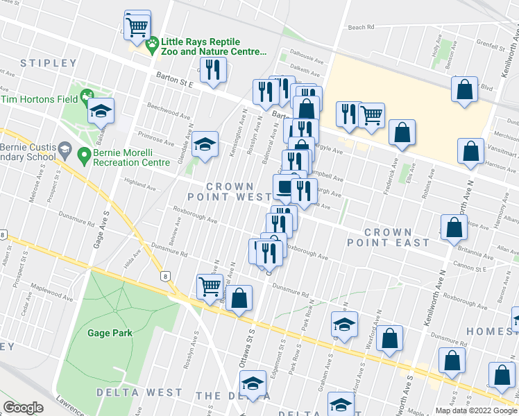 map of restaurants, bars, coffee shops, grocery stores, and more near in Hamilton