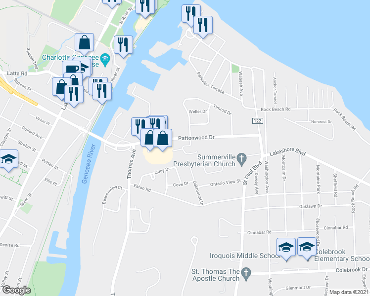 map of restaurants, bars, coffee shops, grocery stores, and more near 3 Wisteria Lane in Rochester