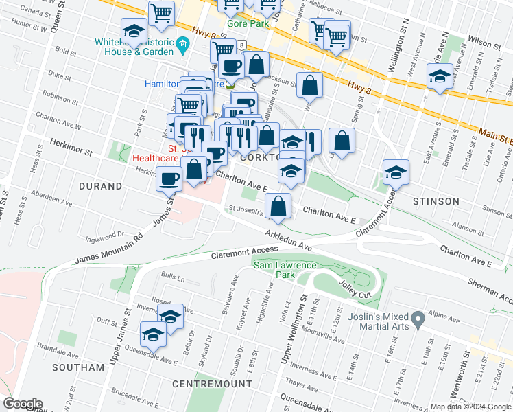 map of restaurants, bars, coffee shops, grocery stores, and more near 123 Saint Joseph's Drive in Hamilton