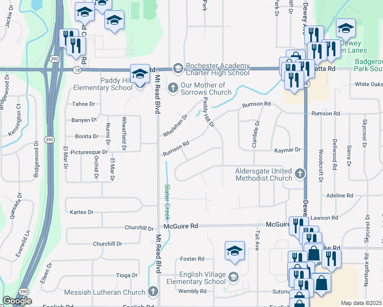 map of restaurants, bars, coffee shops, grocery stores, and more near 995 Rumson Road in Rochester