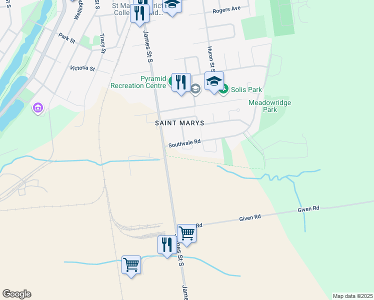 map of restaurants, bars, coffee shops, grocery stores, and more near 33 Southvale Road in Saint Marys