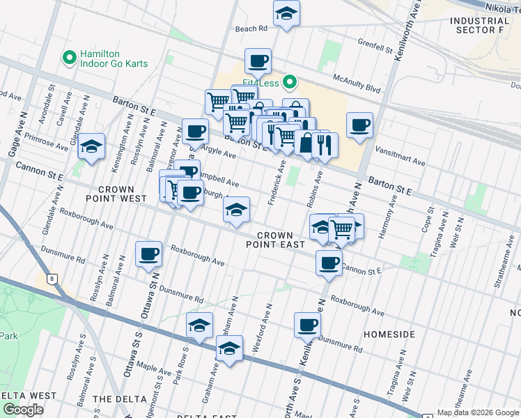 map of restaurants, bars, coffee shops, grocery stores, and more near 206 Province Street North in Hamilton