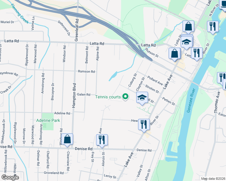 map of restaurants, bars, coffee shops, grocery stores, and more near 315 North Lemoyn Avenue in Rochester