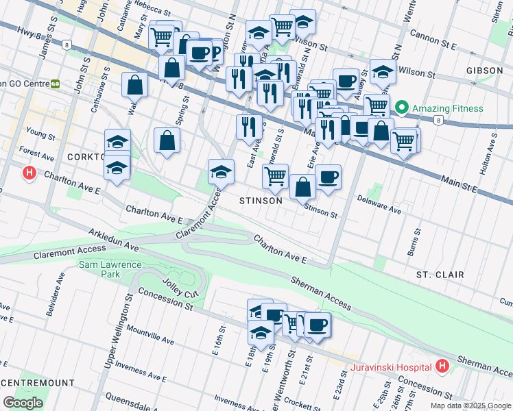 map of restaurants, bars, coffee shops, grocery stores, and more near 170 Emerald Street South in Hamilton