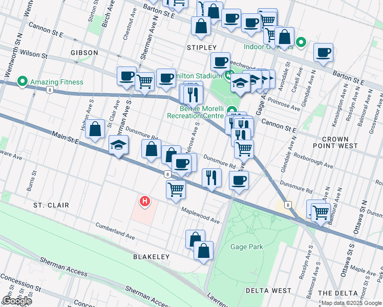 map of restaurants, bars, coffee shops, grocery stores, and more near 73 Melrose Avenue South in Hamilton