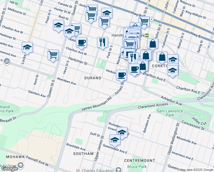 map of restaurants, bars, coffee shops, grocery stores, and more near 40 Saint James Place in Hamilton