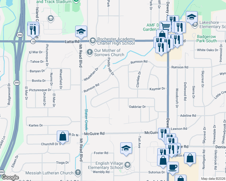 map of restaurants, bars, coffee shops, grocery stores, and more near 641 Meadowbriar Road in Rochester
