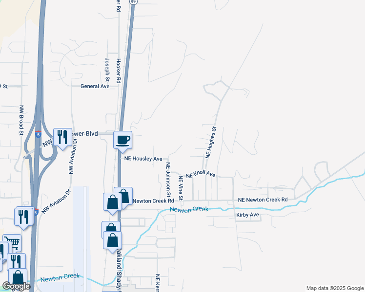 map of restaurants, bars, coffee shops, grocery stores, and more near 3255 Northeast Johnson Street in Roseburg