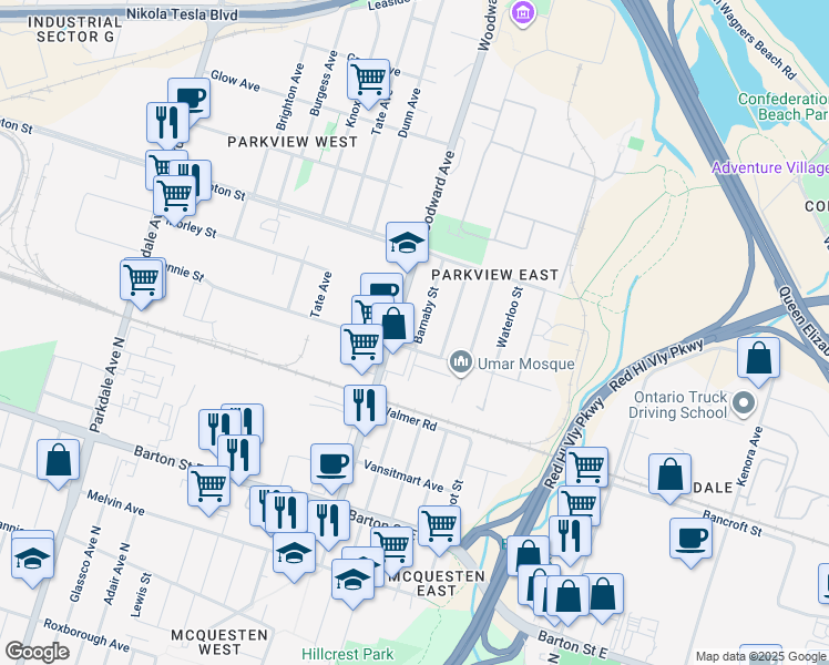 map of restaurants, bars, coffee shops, grocery stores, and more near 564 Woodward Avenue in Hamilton