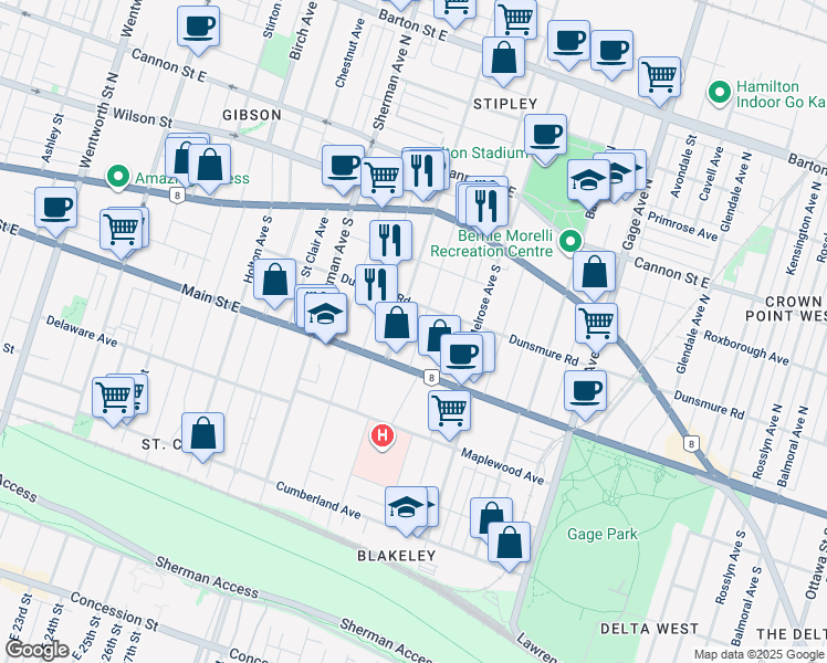 map of restaurants, bars, coffee shops, grocery stores, and more near in Hamilton
