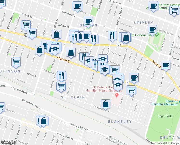map of restaurants, bars, coffee shops, grocery stores, and more near in Hamilton