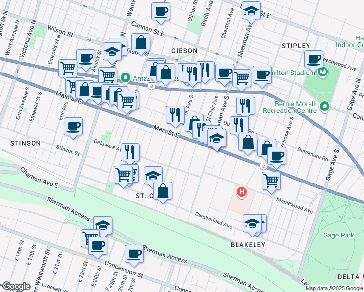 map of restaurants, bars, coffee shops, grocery stores, and more near 700 Main Street East in Hamilton