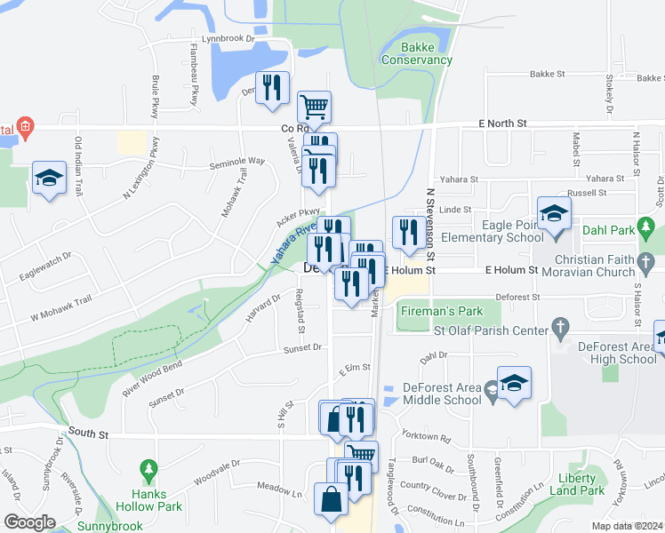 map of restaurants, bars, coffee shops, grocery stores, and more near in DeForest