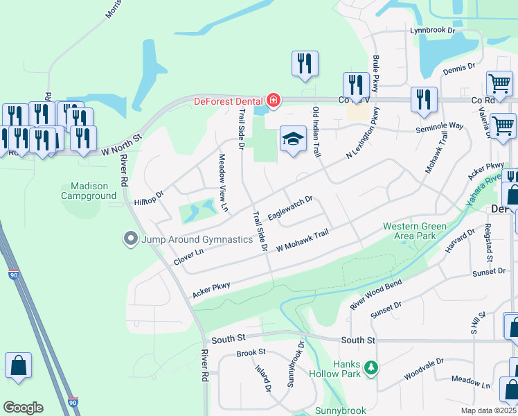 map of restaurants, bars, coffee shops, grocery stores, and more near 177 North Lexington Parkway in DeForest