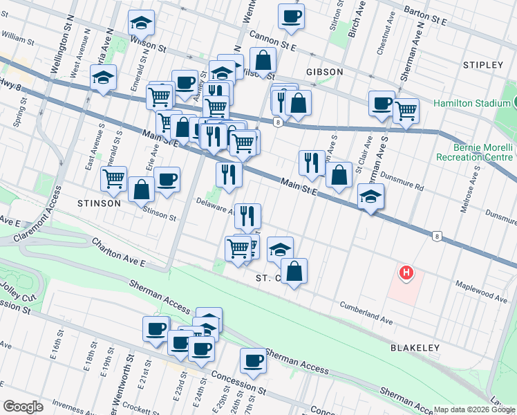 map of restaurants, bars, coffee shops, grocery stores, and more near 49 Gladstone Avenue in Hamilton