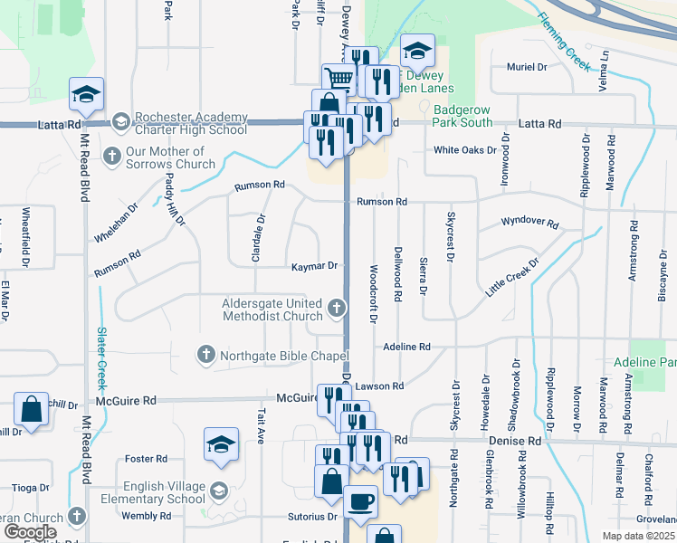 map of restaurants, bars, coffee shops, grocery stores, and more near 4191 Dewey Avenue in Rochester
