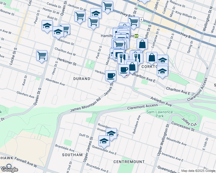 map of restaurants, bars, coffee shops, grocery stores, and more near 1 Markland Street in Hamilton