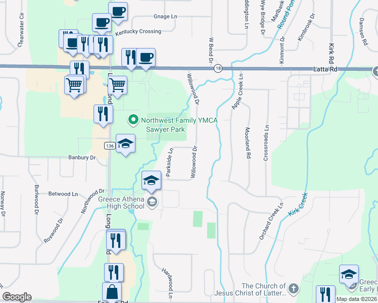 map of restaurants, bars, coffee shops, grocery stores, and more near 11 Parkside Lane in Rochester