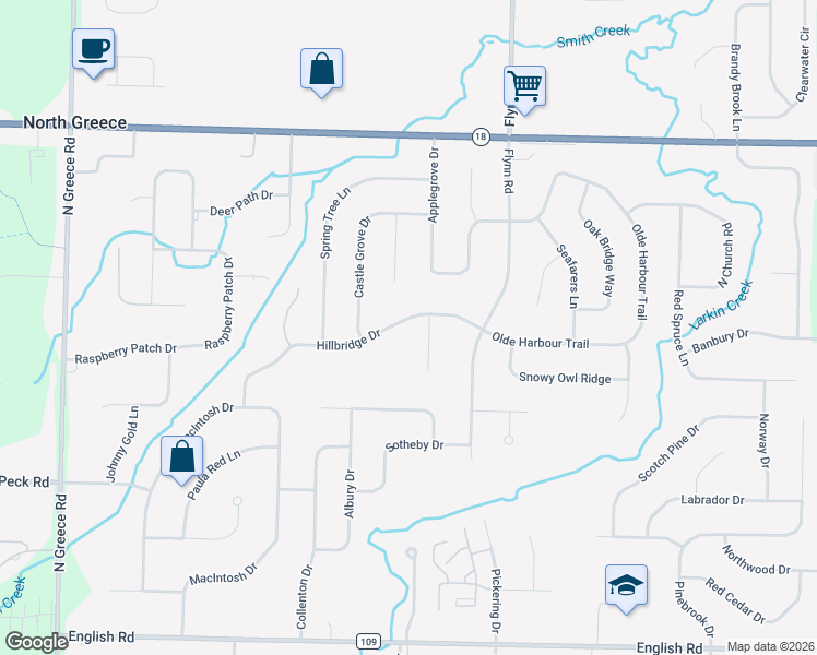 map of restaurants, bars, coffee shops, grocery stores, and more near 101 Hillbridge Drive in Rochester