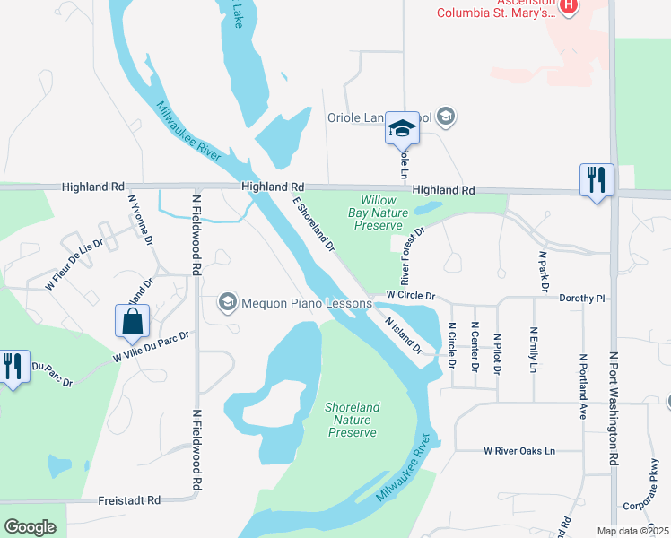 map of restaurants, bars, coffee shops, grocery stores, and more near 12639 Northeast Shoreland Drive in Mequon