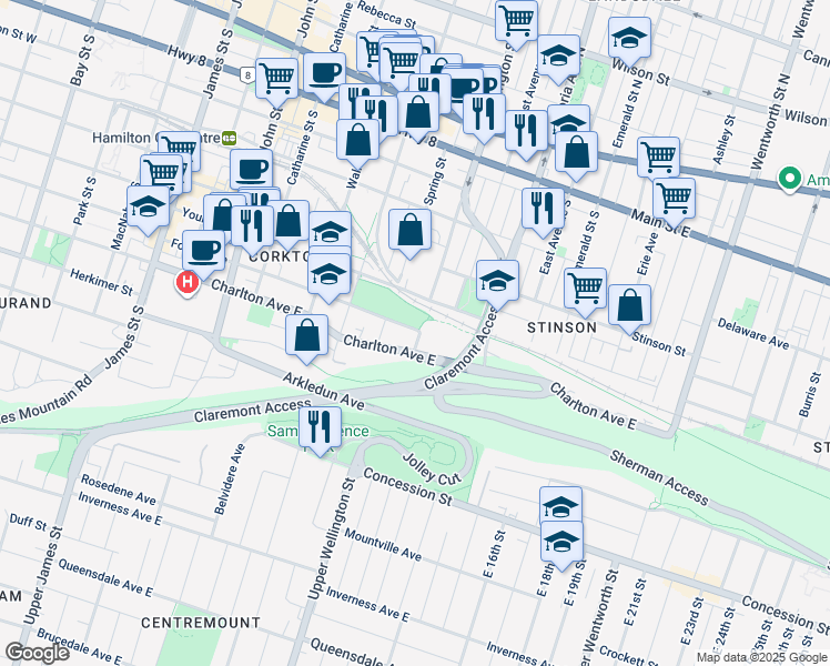 map of restaurants, bars, coffee shops, grocery stores, and more near 246 Forest Avenue in Hamilton