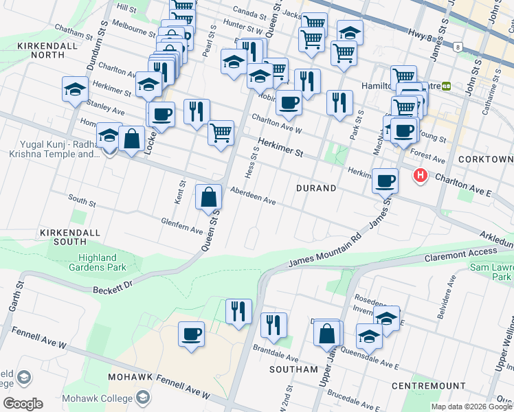 map of restaurants, bars, coffee shops, grocery stores, and more near 4 Ravenscliffe Avenue in Hamilton