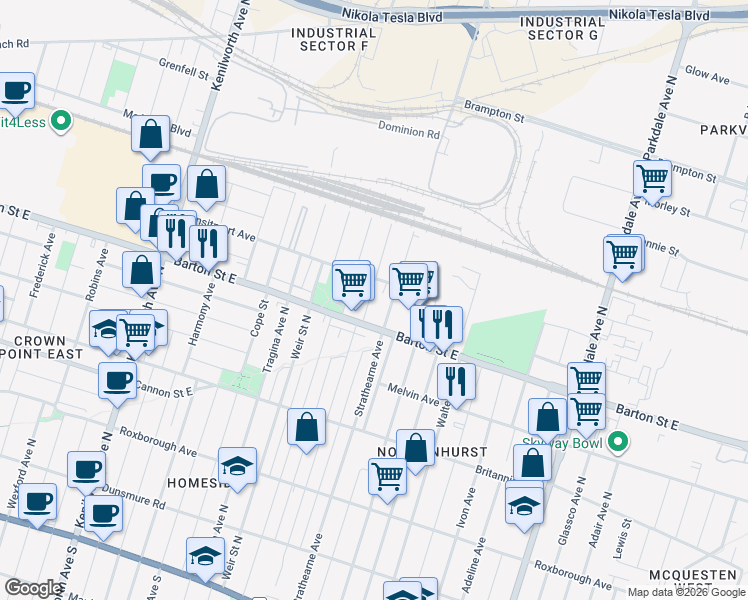 map of restaurants, bars, coffee shops, grocery stores, and more near 378 Paling Avenue in Hamilton