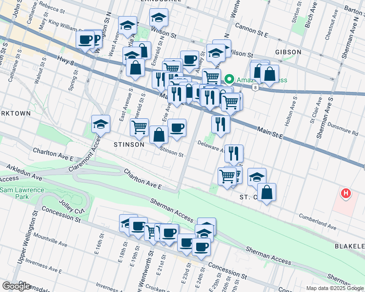 map of restaurants, bars, coffee shops, grocery stores, and more near 143 Grant Avenue in Hamilton