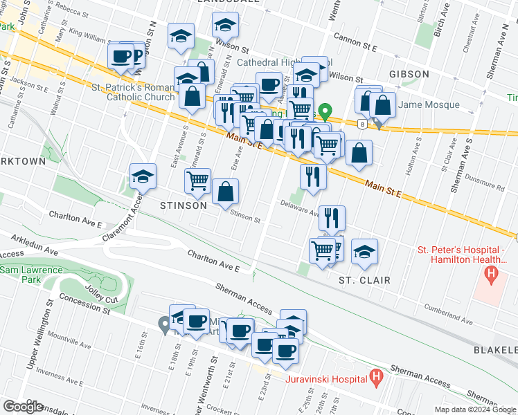 map of restaurants, bars, coffee shops, grocery stores, and more near 143 Grant Avenue in Hamilton