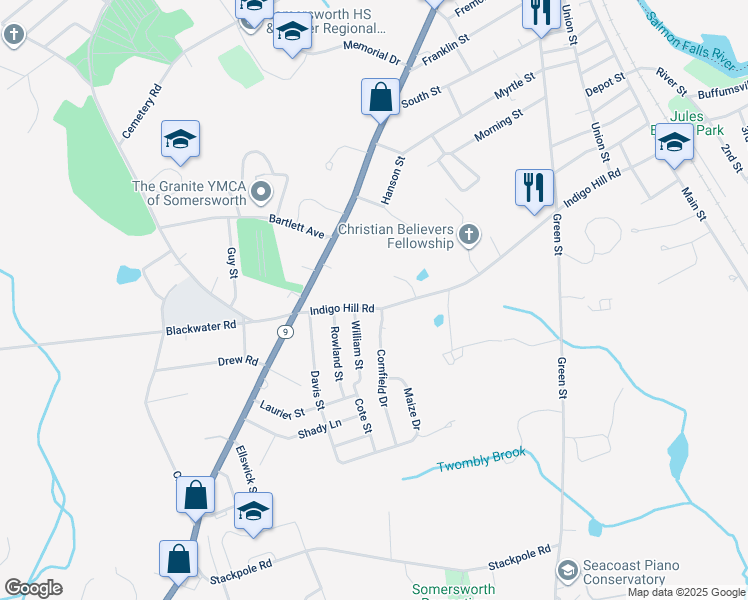 map of restaurants, bars, coffee shops, grocery stores, and more near 18 Indigo Hill Road in Somersworth