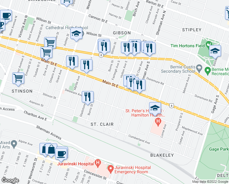 map of restaurants, bars, coffee shops, grocery stores, and more near 124 Holton Avenue South in Hamilton