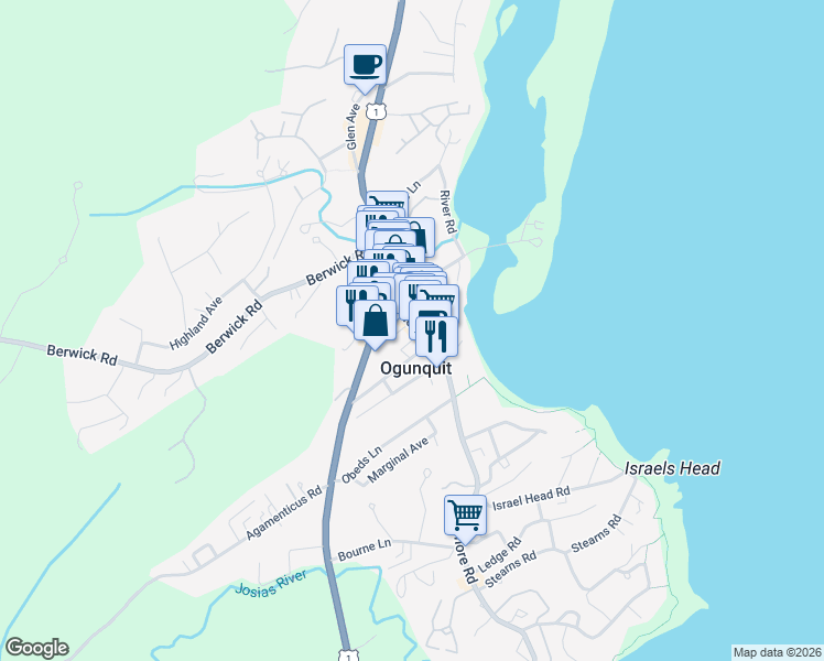 map of restaurants, bars, coffee shops, grocery stores, and more near 38 Shore Road in Ogunquit