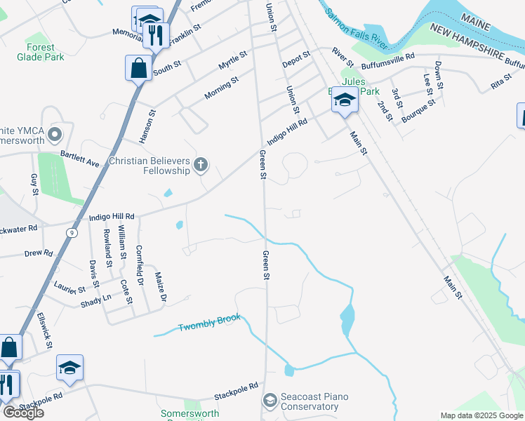 map of restaurants, bars, coffee shops, grocery stores, and more near 215 Green Street in Somersworth