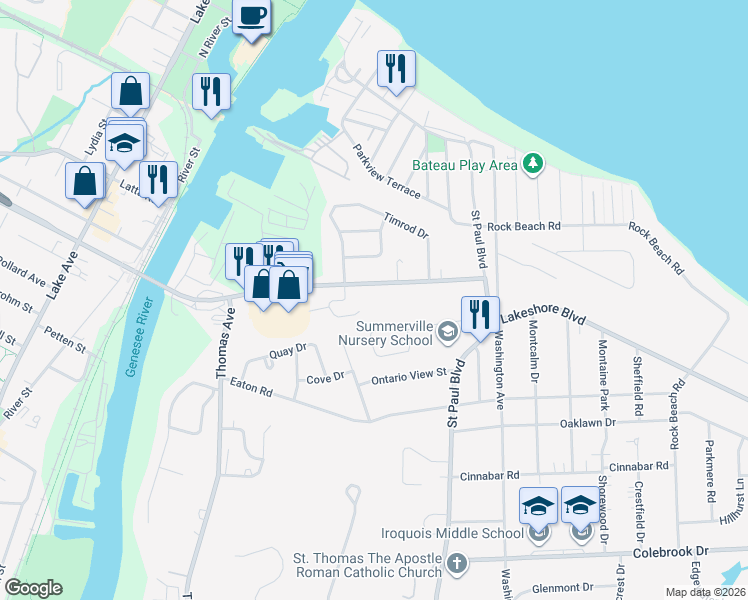 map of restaurants, bars, coffee shops, grocery stores, and more near 263 Pattonwood Drive in Irondequoit