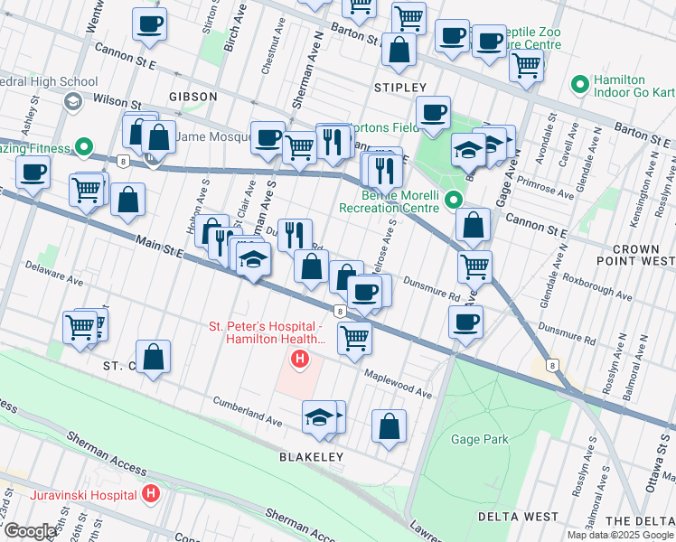 map of restaurants, bars, coffee shops, grocery stores, and more near in Hamilton