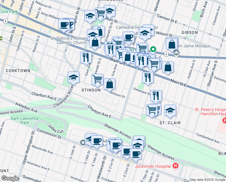 map of restaurants, bars, coffee shops, grocery stores, and more near 97 Ontario Avenue in Hamilton