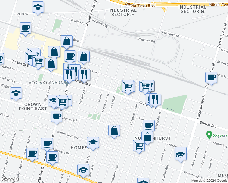 map of restaurants, bars, coffee shops, grocery stores, and more near 1475 Barton Street East in Hamilton