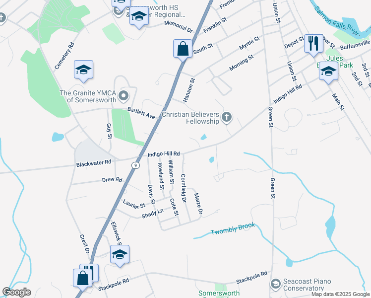 map of restaurants, bars, coffee shops, grocery stores, and more near 18 Indigo Hill Road in Somersworth