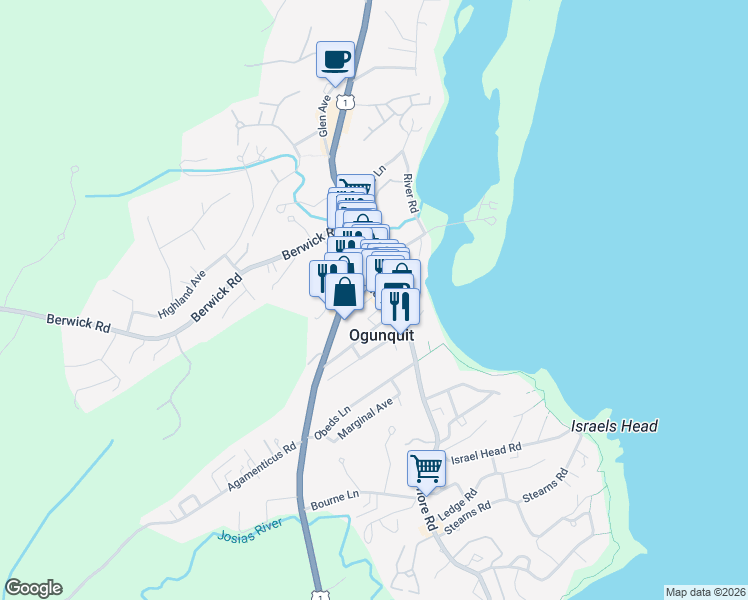 map of restaurants, bars, coffee shops, grocery stores, and more near 38 Shore Road in Ogunquit