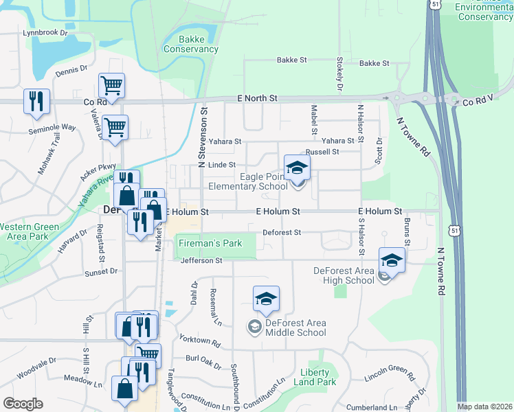 map of restaurants, bars, coffee shops, grocery stores, and more near 520 East Holum Street in DeForest